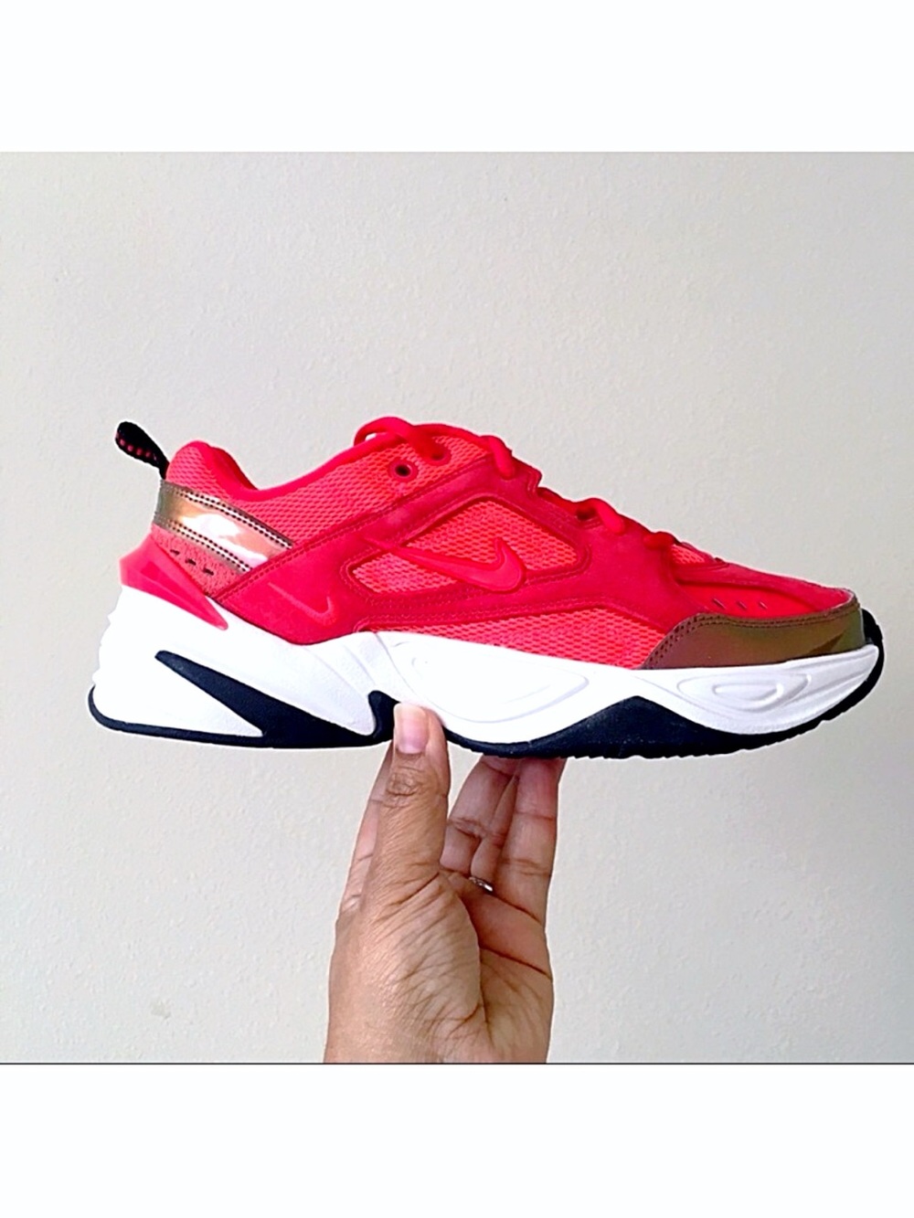 Nike M2K Tekno Red Athletic Sneaker with Metallic Accents